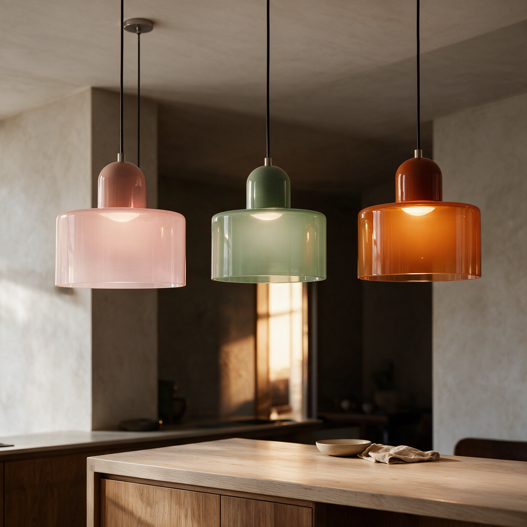 Three Fable pendants lit above a kitchen bench