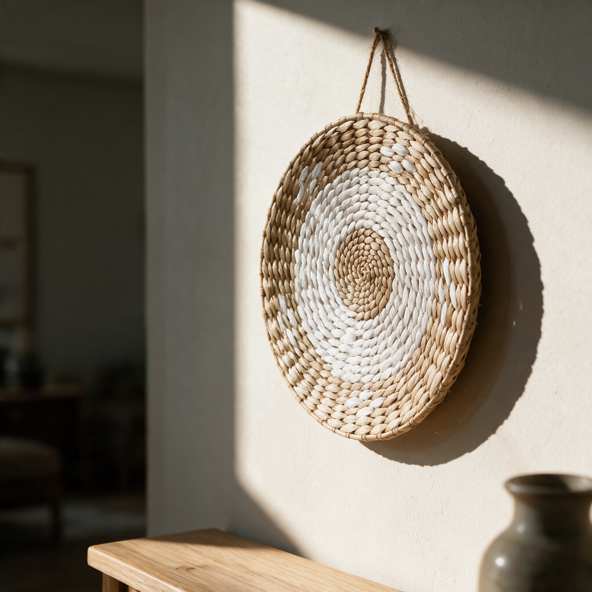 Grove basket side-on showing the jute hanging cord