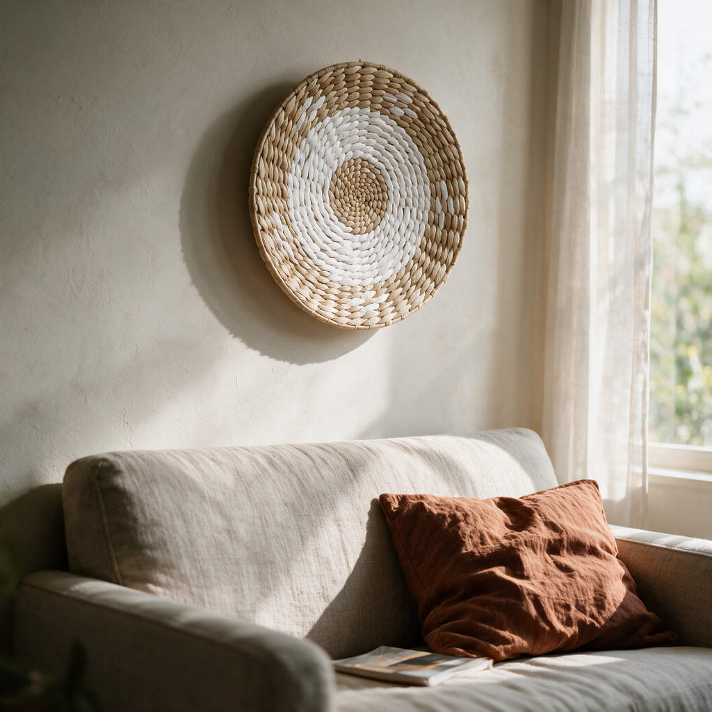A single Grove basket above a linen sofa
