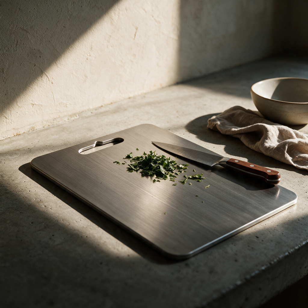 Forge board in use on a kitchen bench with herbs and a knife