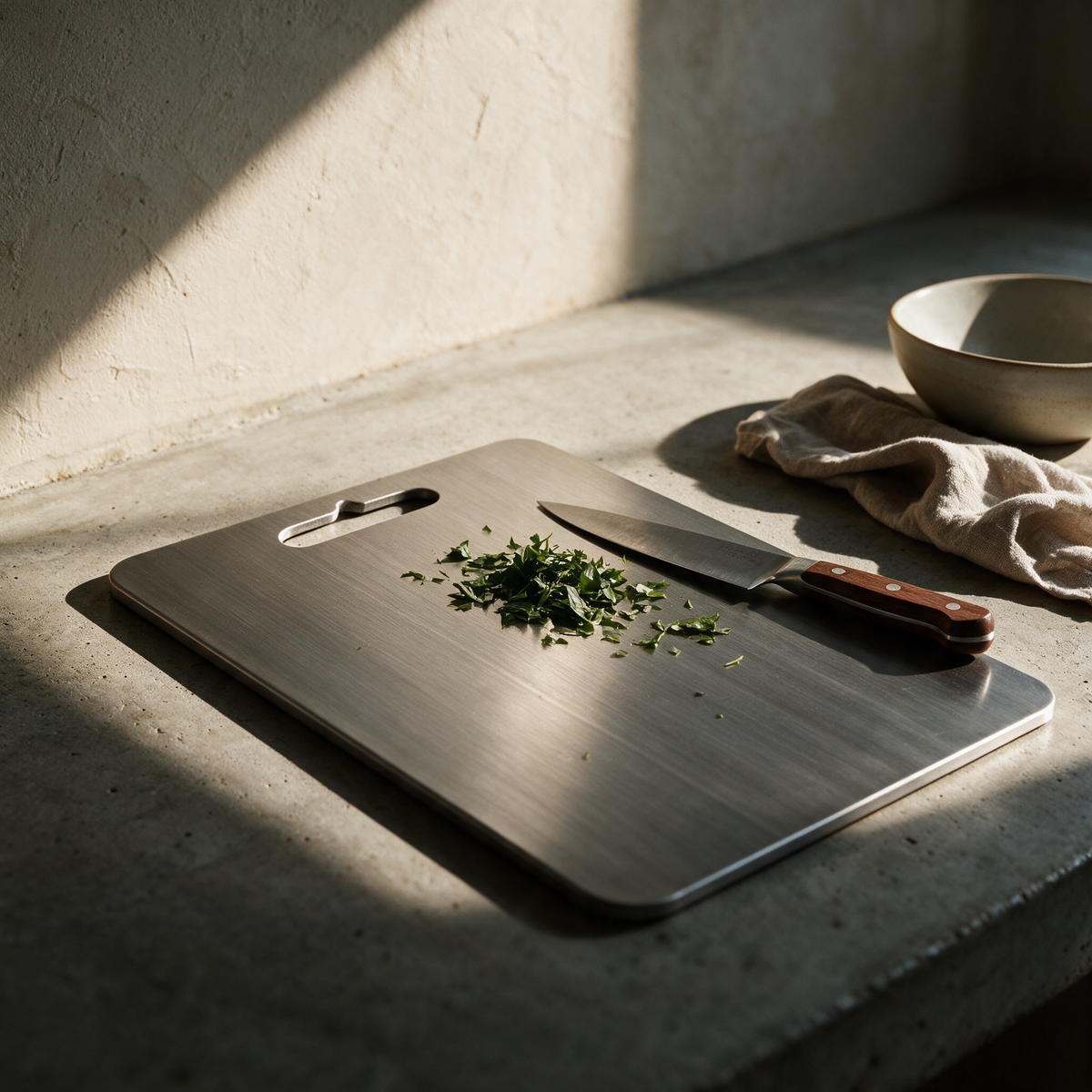 Forge board in use on a kitchen bench with herbs and a knife