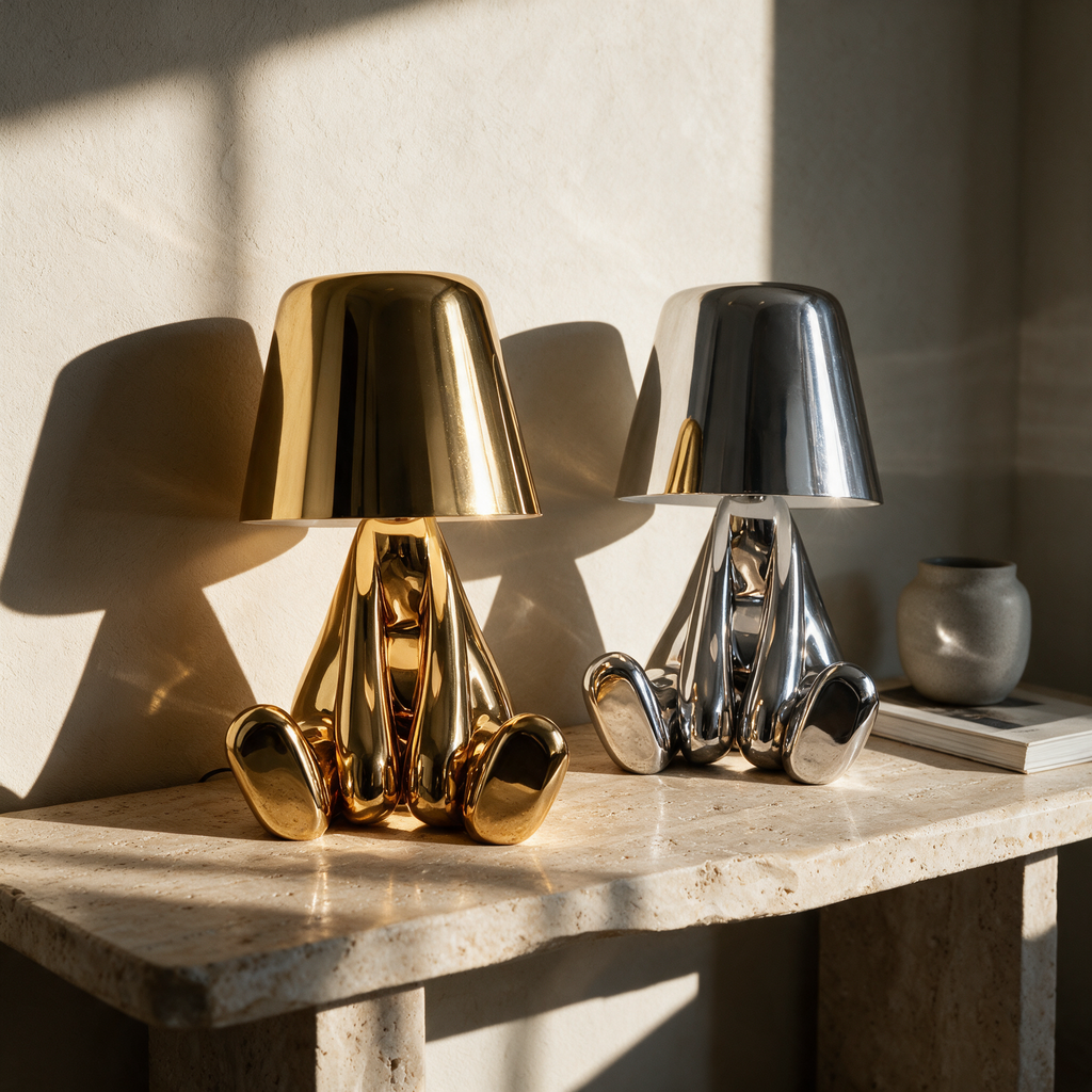 Gold and silver figurine lamps side by side