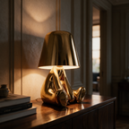 Figurine lamp lit on a dark timber console at dusk