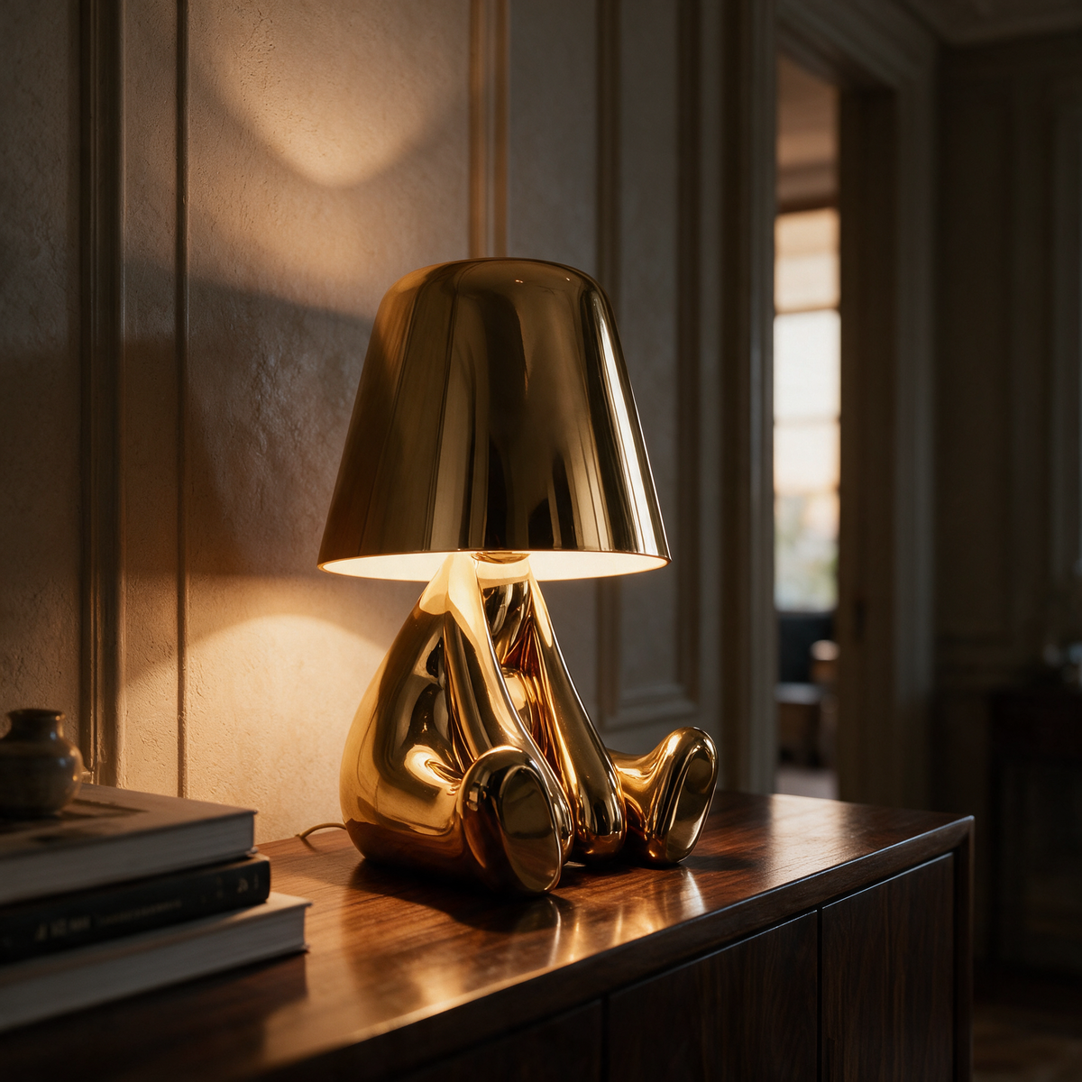 Figurine lamp lit on a dark timber console at dusk