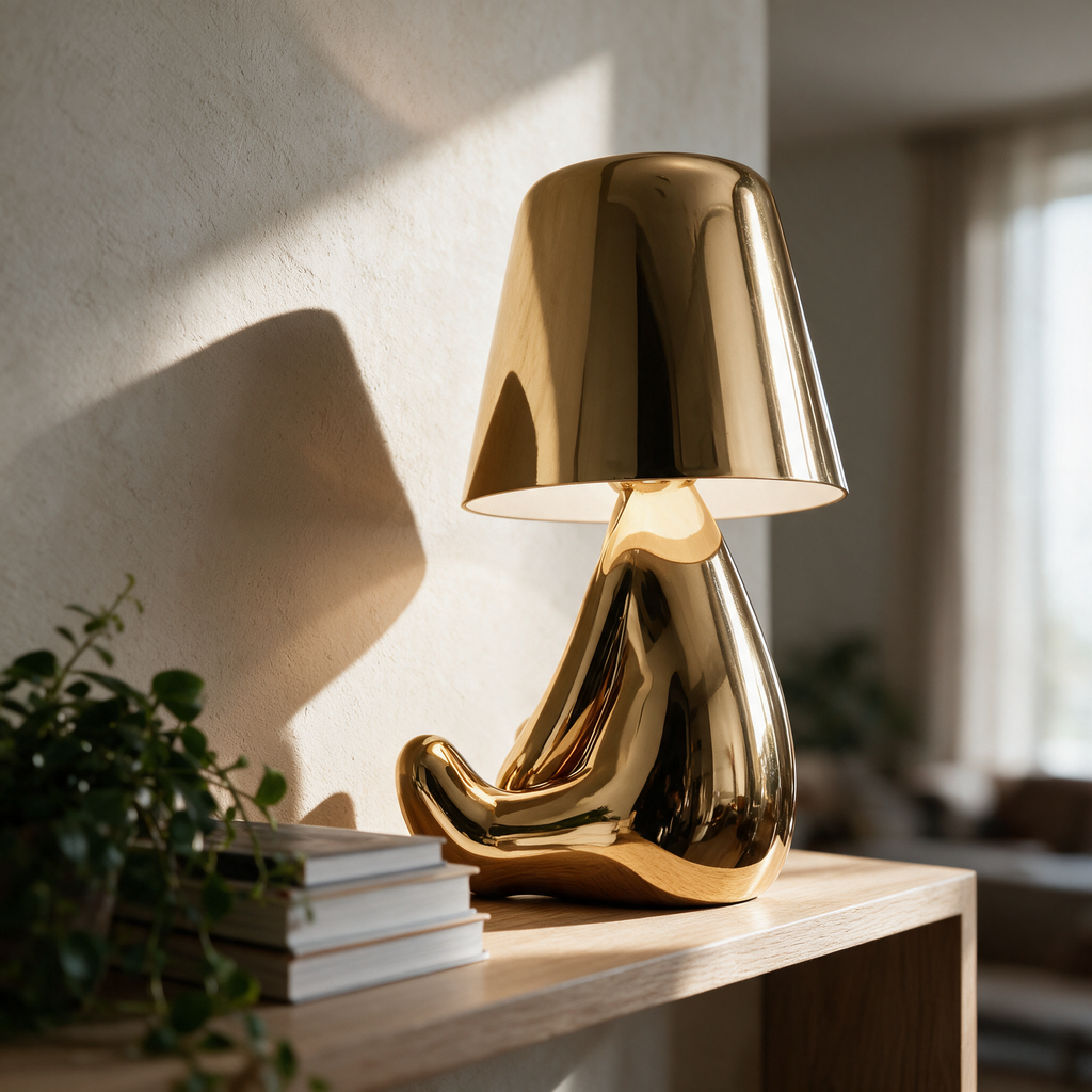 Figurine lamp seen from behind on a shelf
