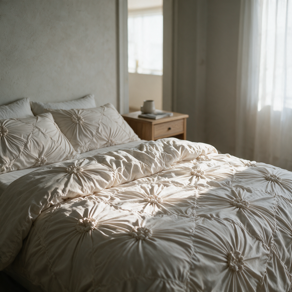 Willow quilt cover made up on a bed in morning light