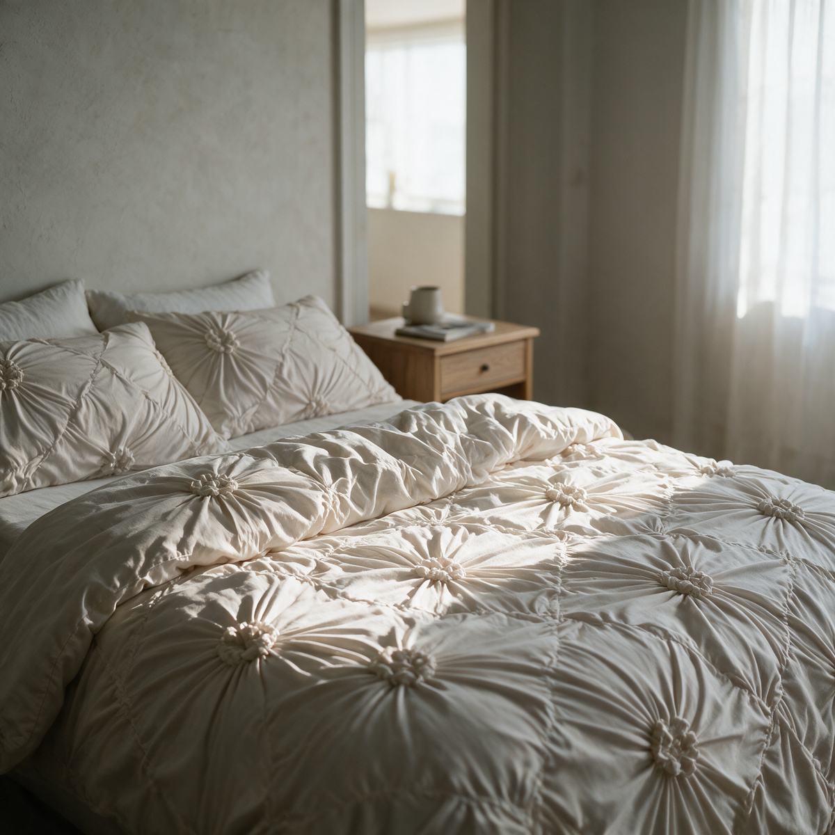 Willow quilt cover made up on a bed in morning light
