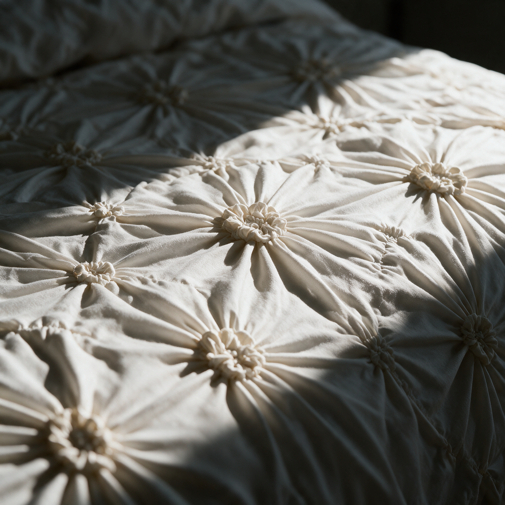 Close-up of the pinch-pleat rosette texture