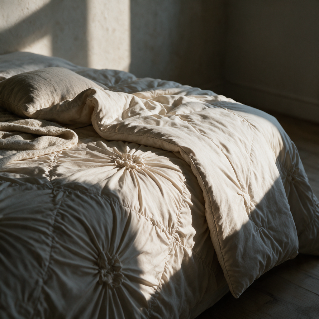 The quilt turned back showing the textured face