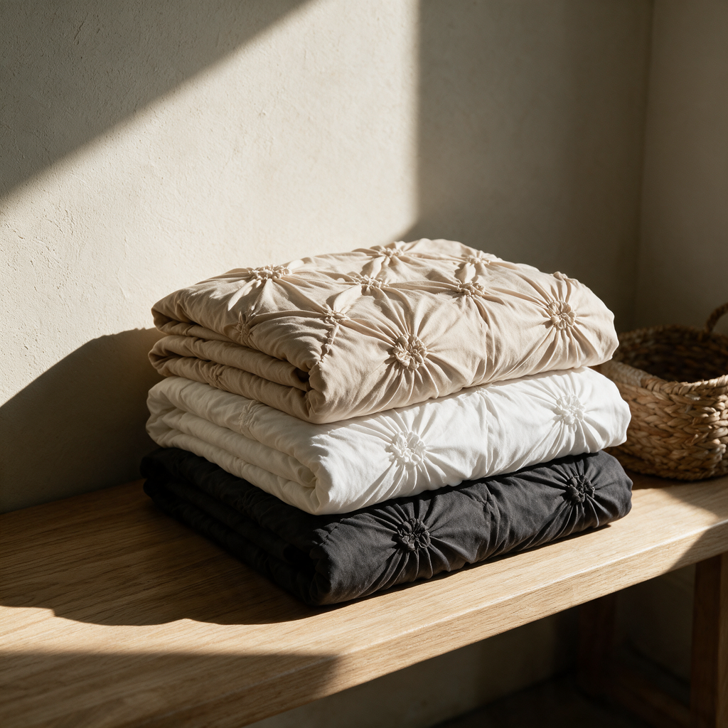 Beige, white and black Willow covers stacked on a bench