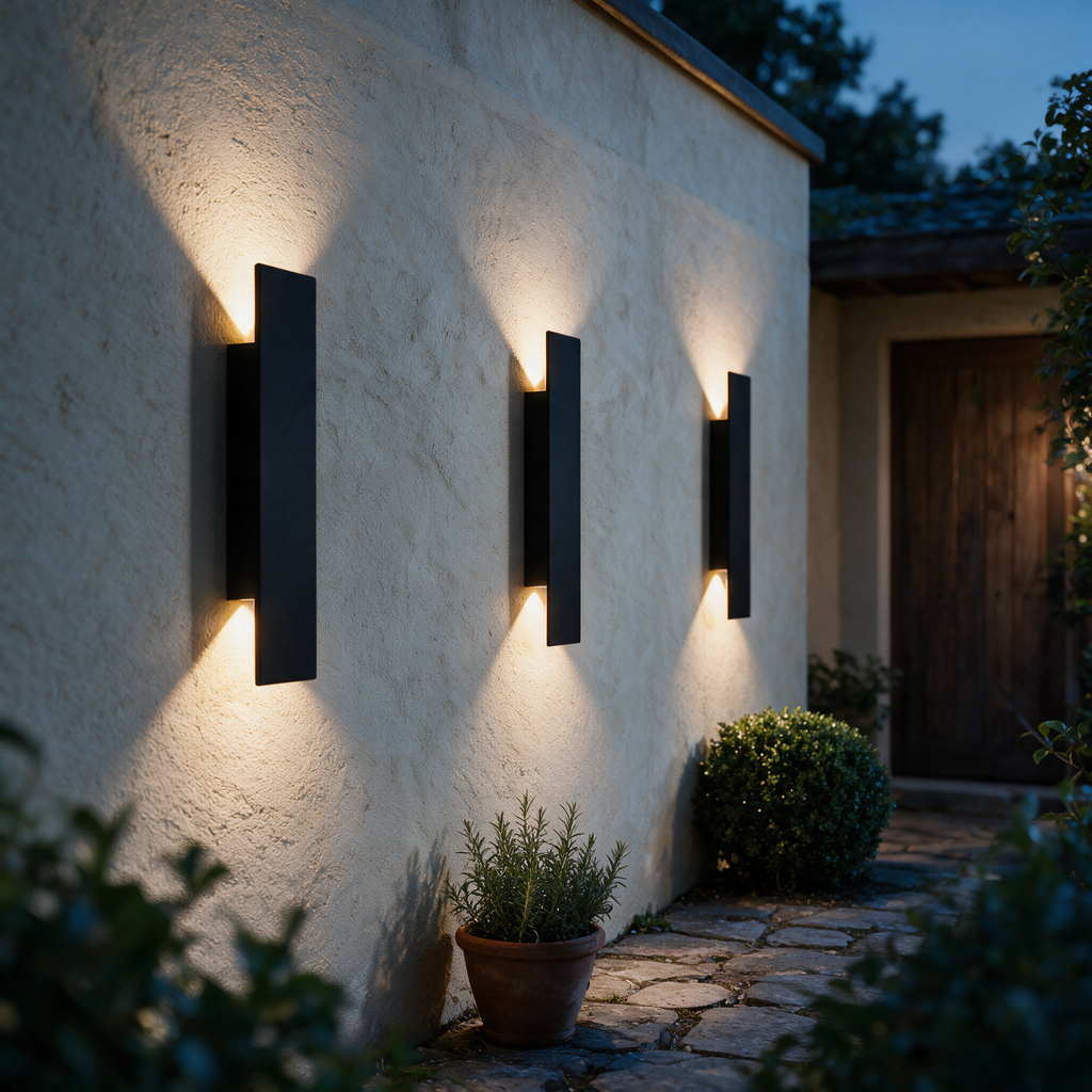 Three Calder wall lights washing a rendered facade at dusk