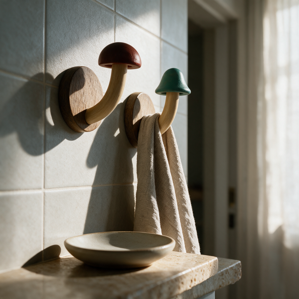 Two Fenn hooks on bathroom tile holding a towel