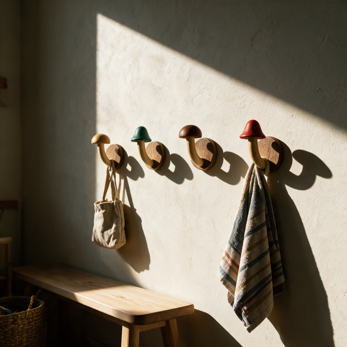 The set of four Fenn hooks mounted in a row in a kid's room