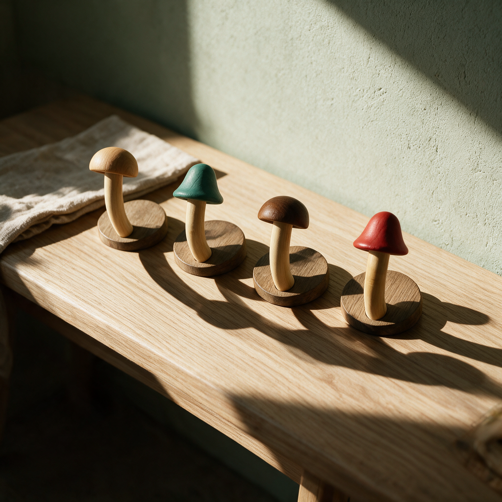The four Fenn colours laid out on an oak bench