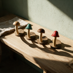 The four Fenn colours laid out on an oak bench
