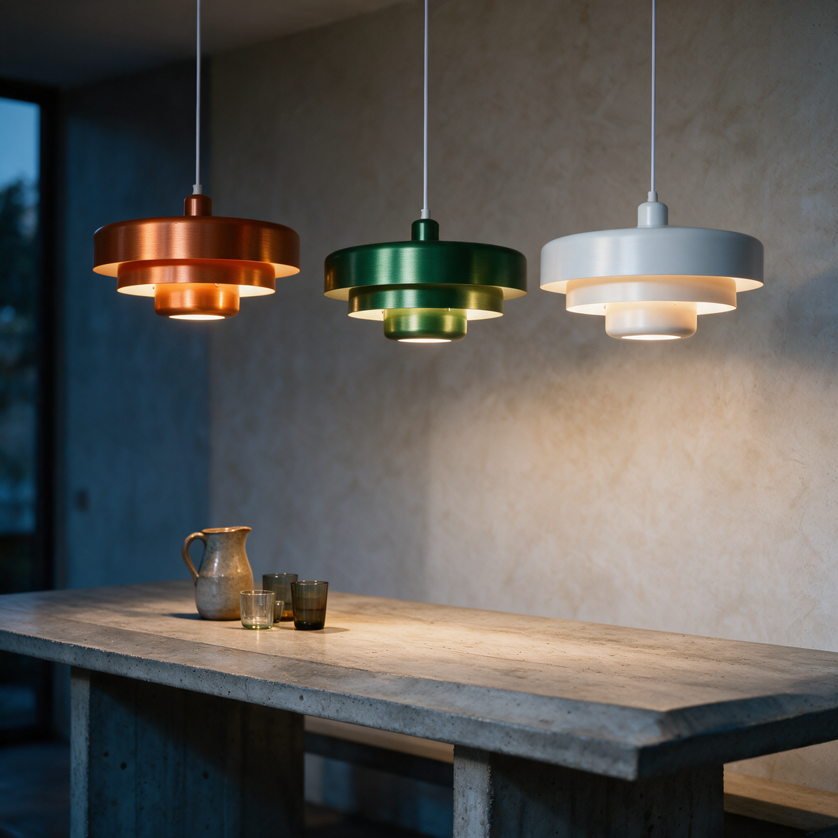 Three Ashby colours hung in a row over a dining table