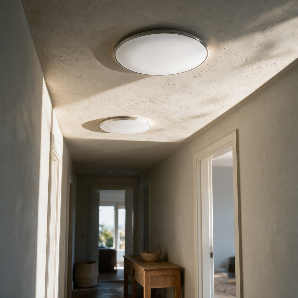 Two Reed ceiling lights along a corridor