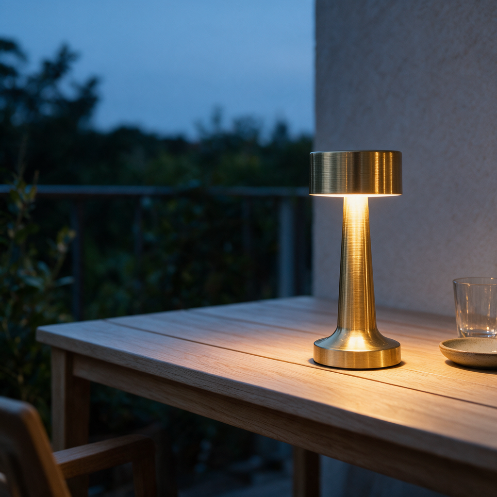 The lamp on a balcony table at dusk