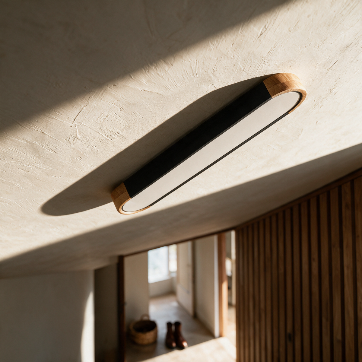 Tamar oval ceiling light unlit against a plaster ceiling in a hallway