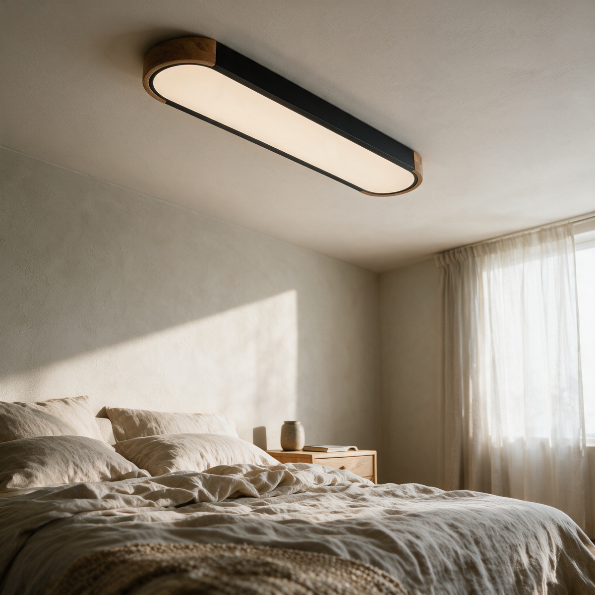 Tamar oval ceiling light seen end-on above a linen bed