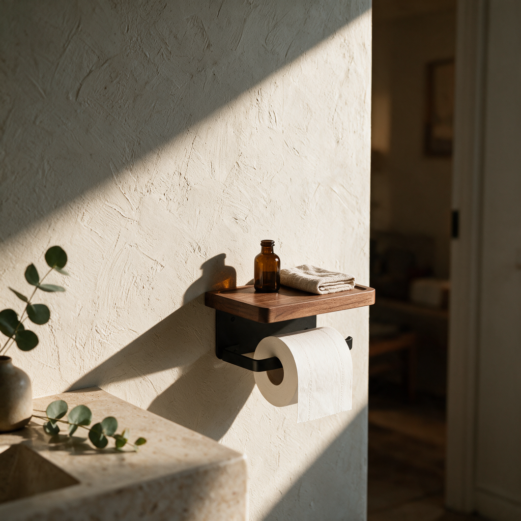 Verge walnut toilet roll holder with shelf on a plaster bathroom wall