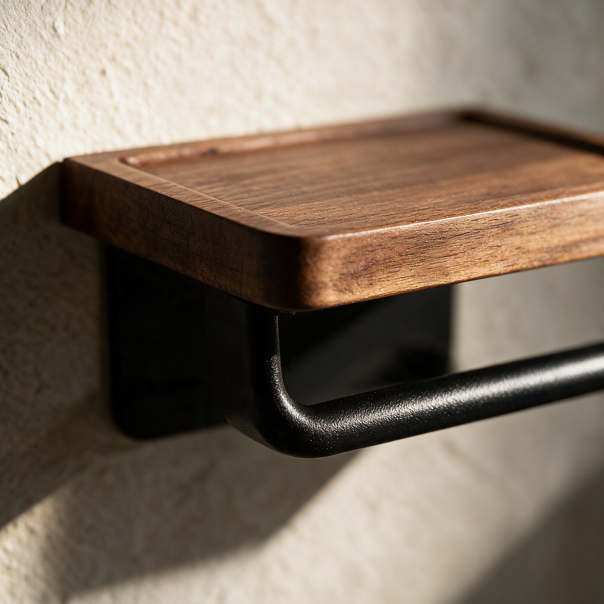 Close-up of the walnut grain meeting the matte black metal bar
