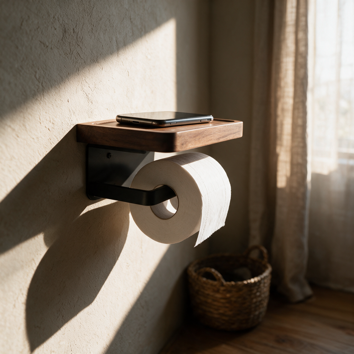 The holder in use with a phone resting on the shelf