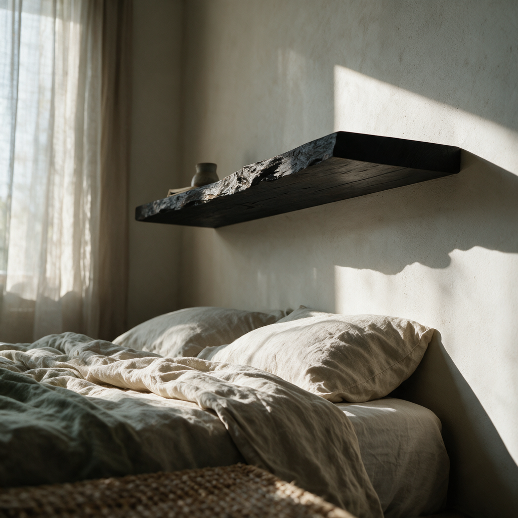 The shelf mounted above a linen bed showing its concealed mounting