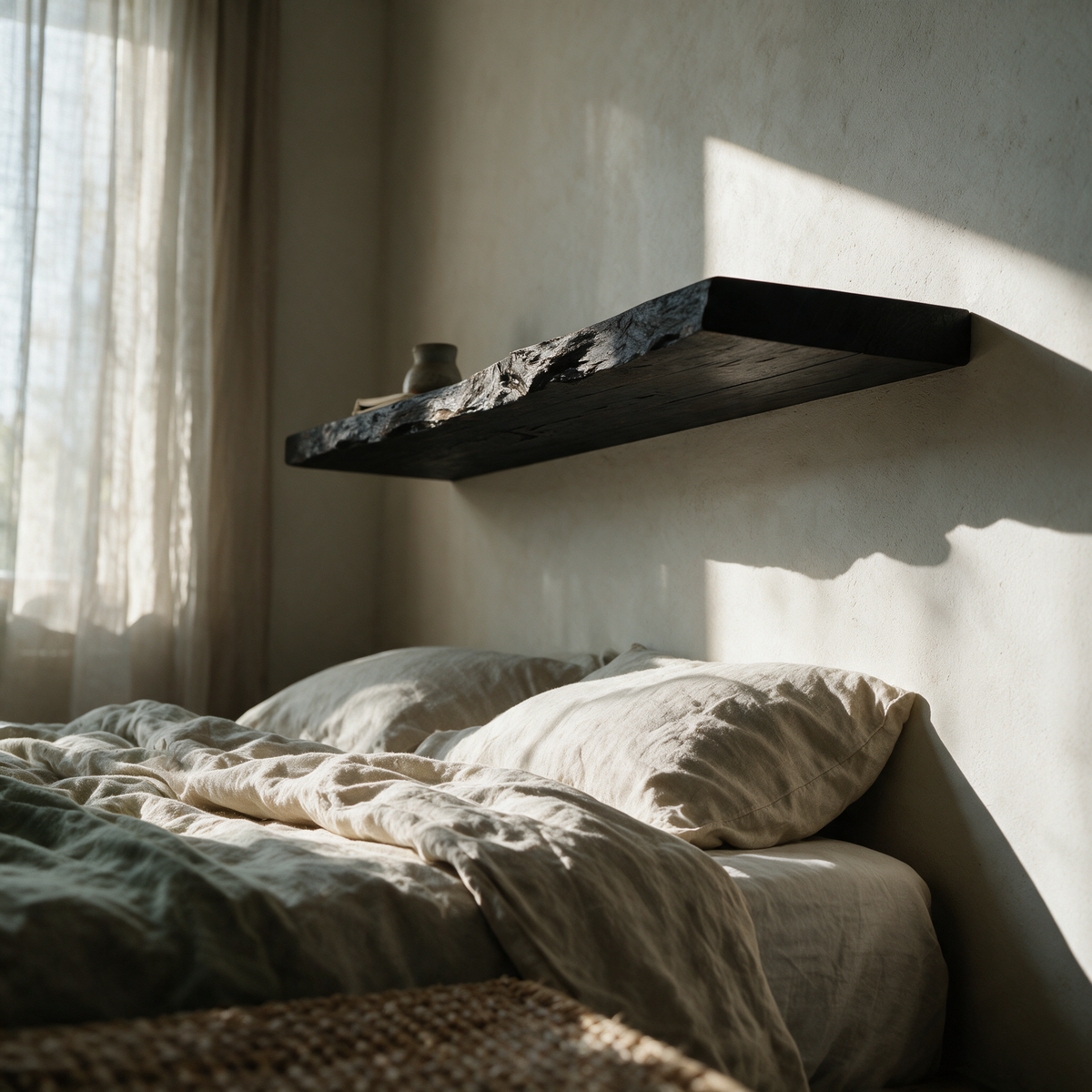 The shelf mounted above a linen bed showing its concealed mounting