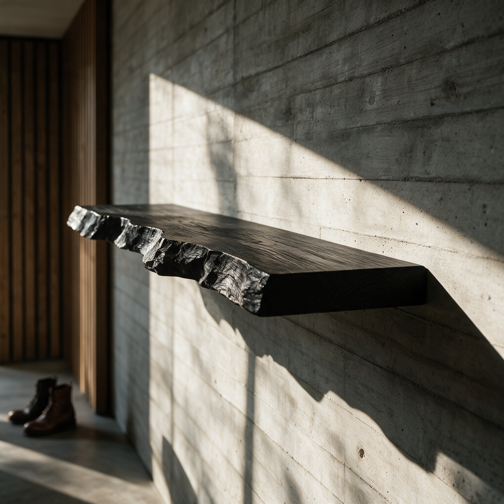 A single blackened live-edge shelf with its irregular front edge in raking light