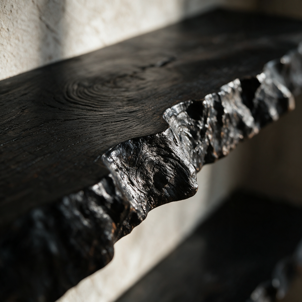 Close-up of the natural live edge and blackened grain