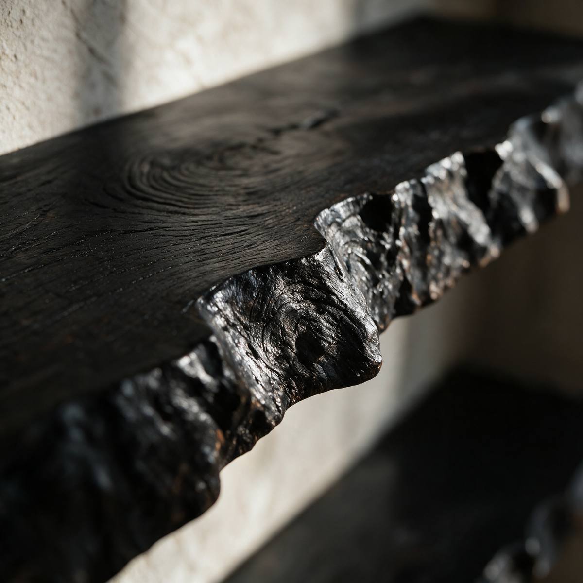 Close-up of the natural live edge and blackened grain