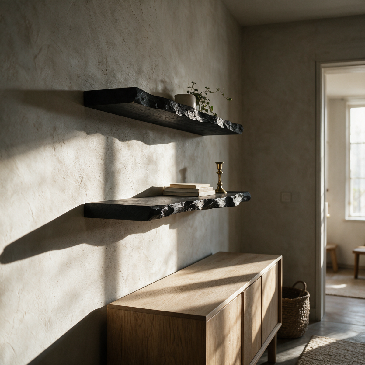 Two Sable blackened live-edge shelves on a plaster wall above an oak sideboard