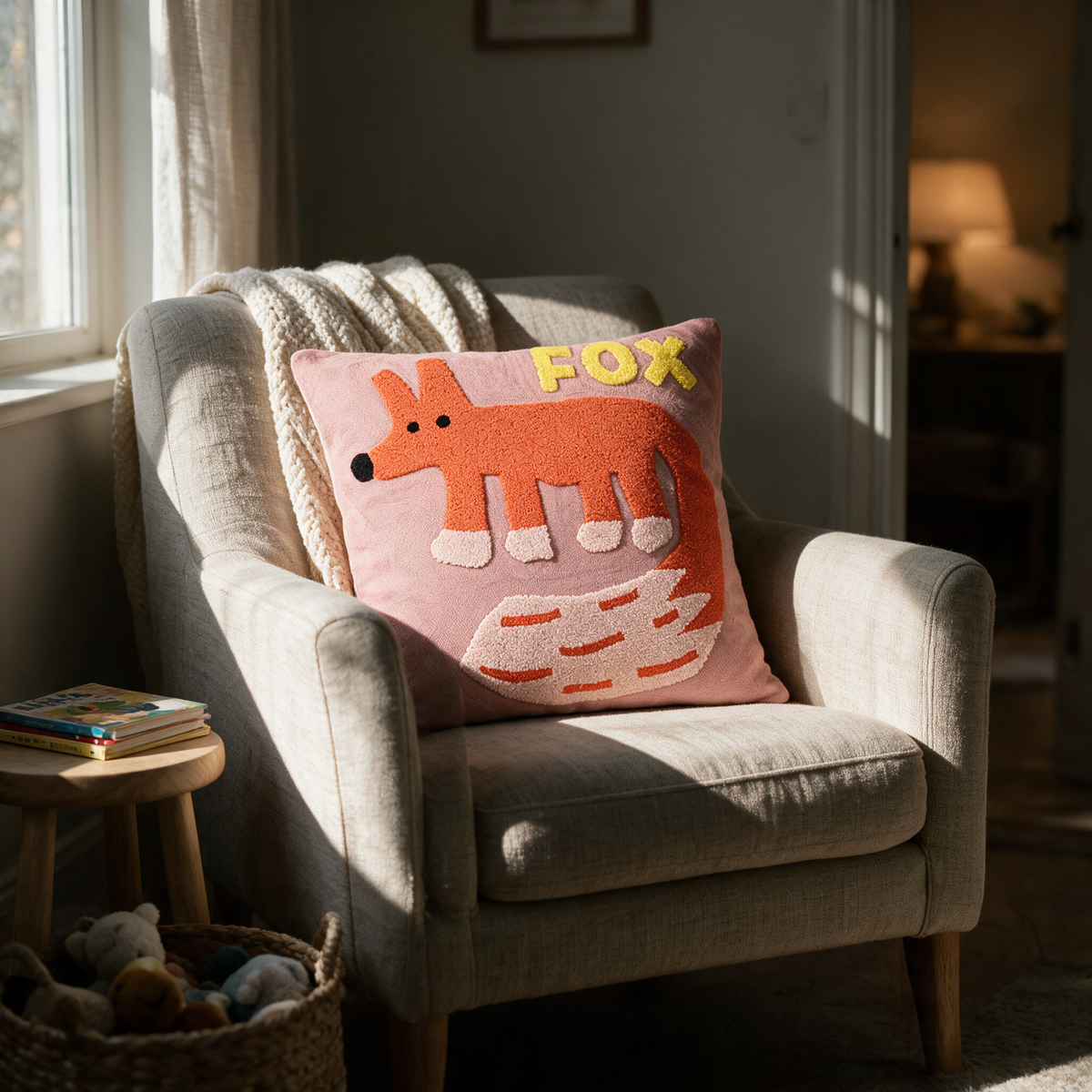 Pink fox embroidered cushion on a linen armchair in a child's reading corner