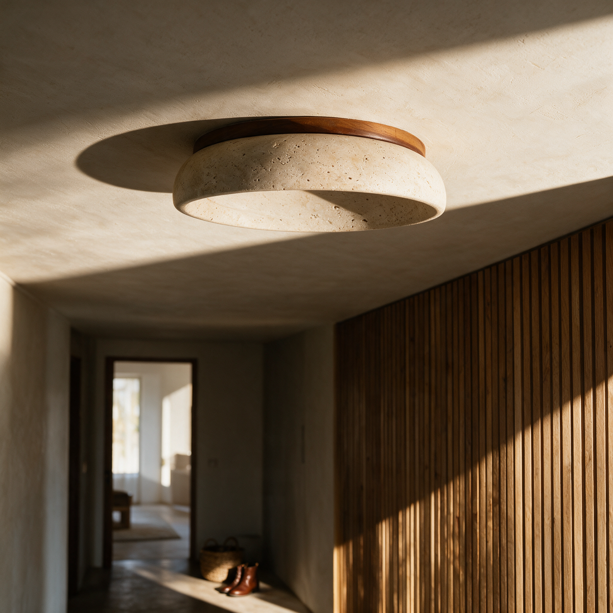 The unlit travertine disc on a plaster ceiling in raking afternoon light