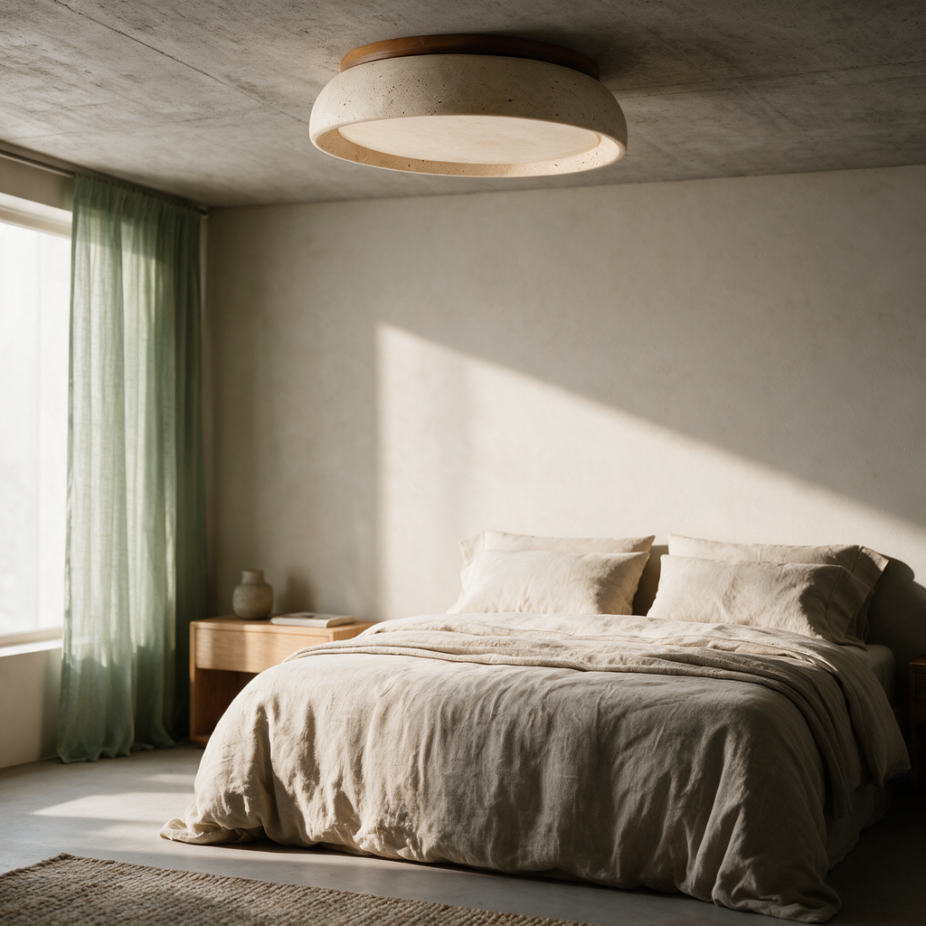 The fitting seen from the side above a linen bed showing its shallow profile