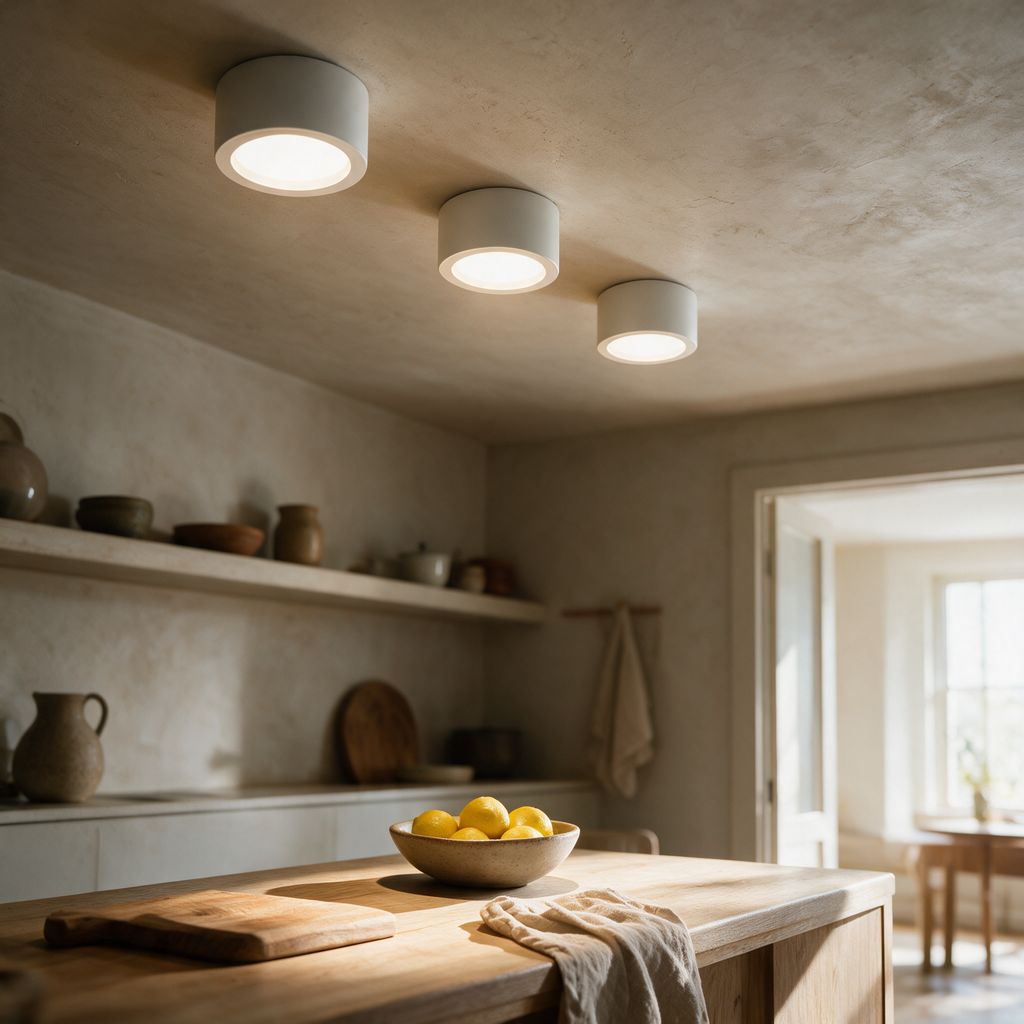 Three white surface-mounted downlights above a kitchen bench