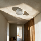 A single unlit canister showing its shallow depth on the ceiling face