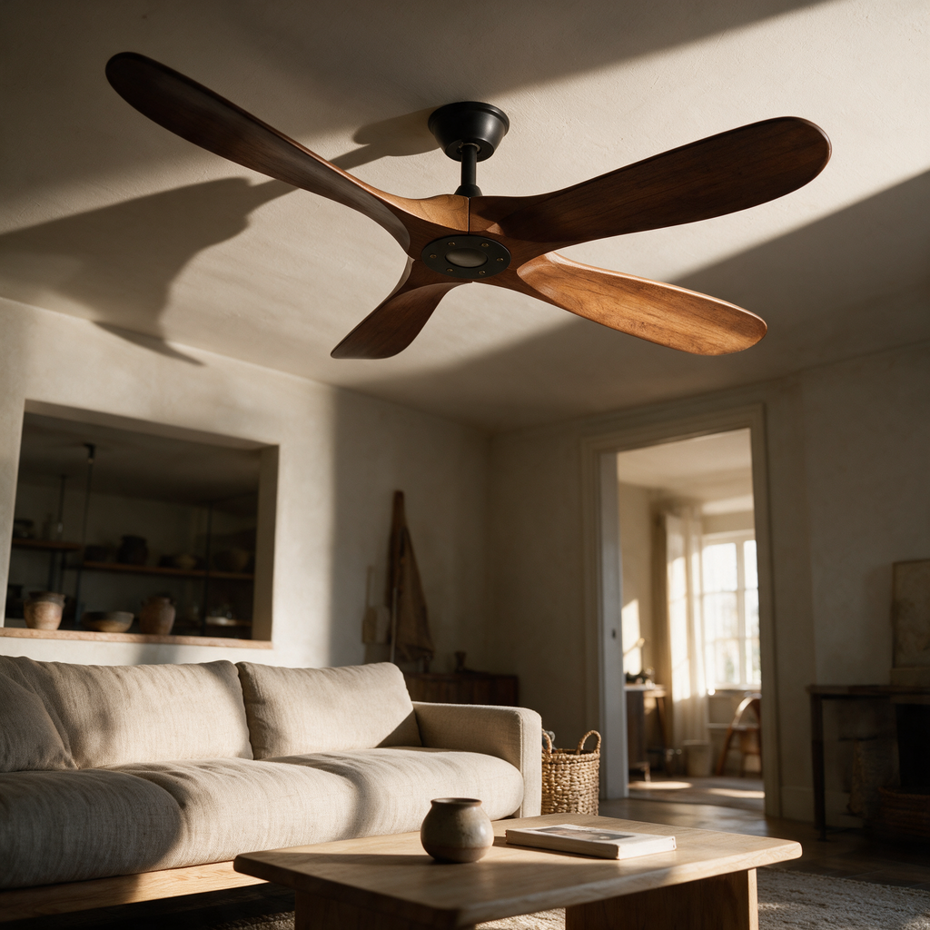 Larch walnut-bladed ceiling fan above a linen sofa in afternoon light