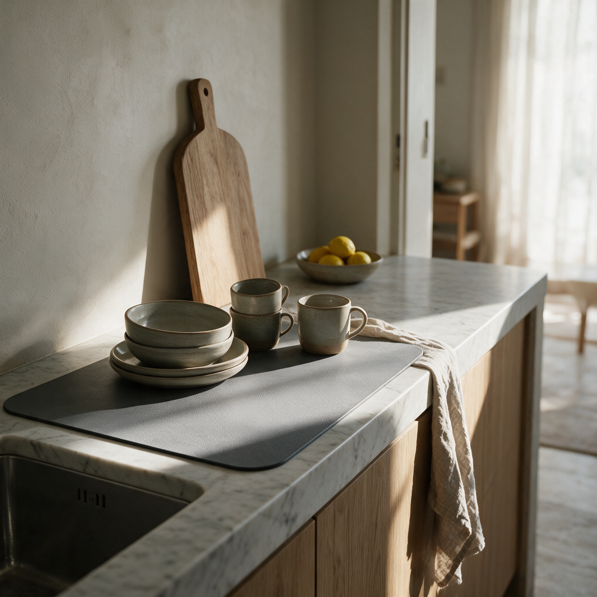 The mat beside the sink at bench height in a kitchen