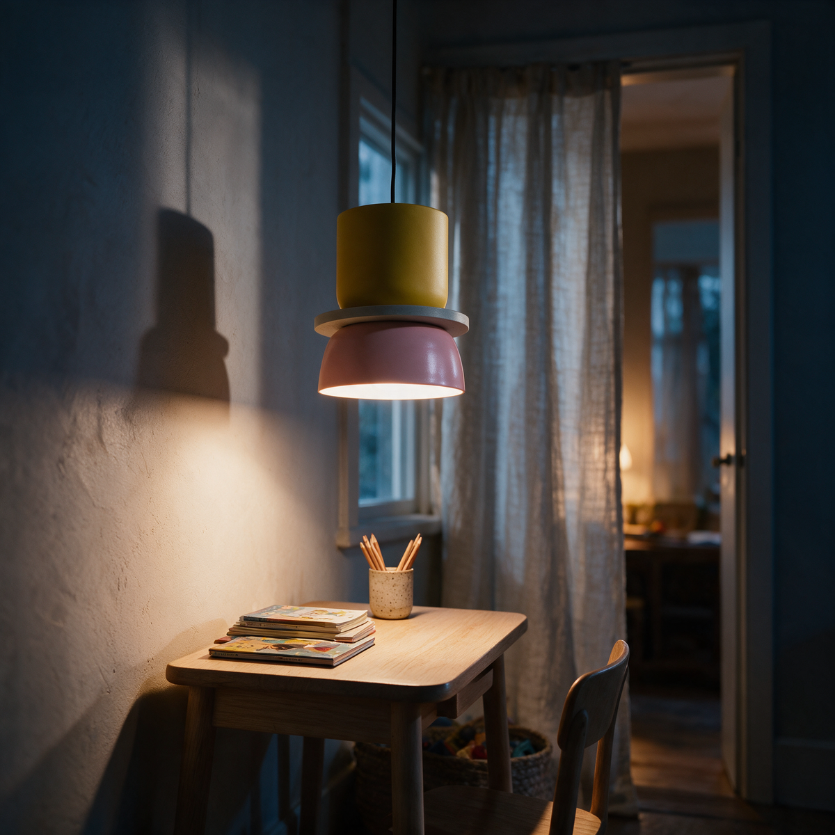 The pendant lit low over a small desk at dusk