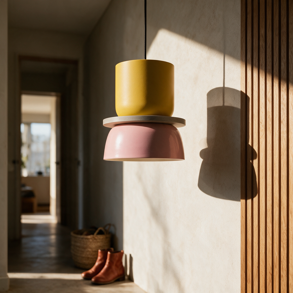 A single unlit pendant against a plaster wall showing the shade profile
