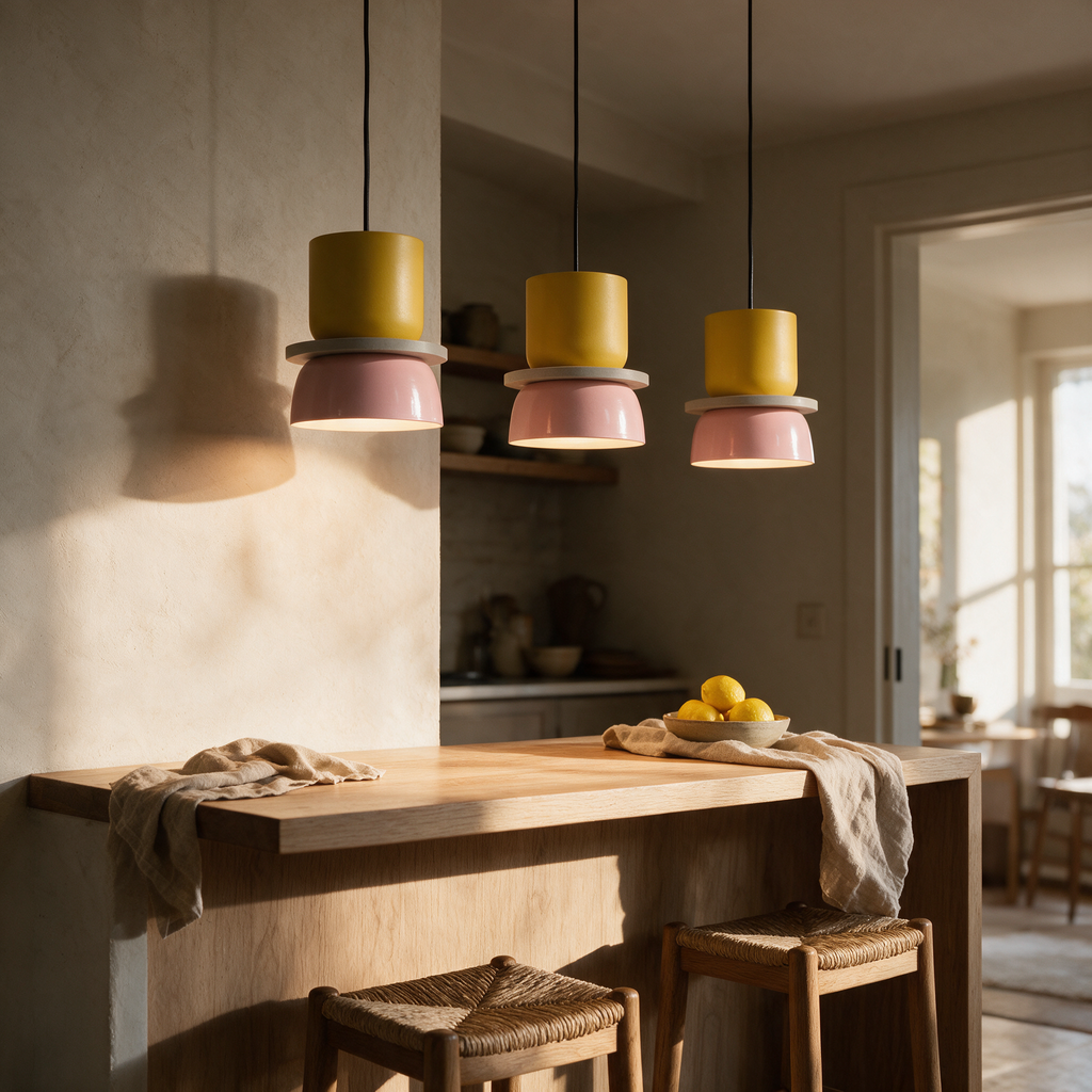 Three Pippin two-tone pendants hung in a row above a kitchen bench