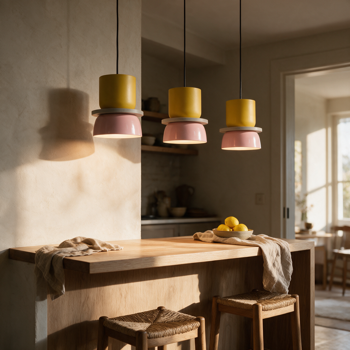 Three Pippin two-tone pendants hung in a row above a kitchen bench