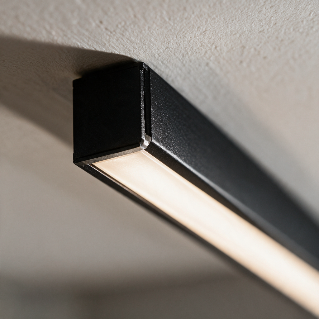 Close-up of the slim black extrusion and the continuous diffuser