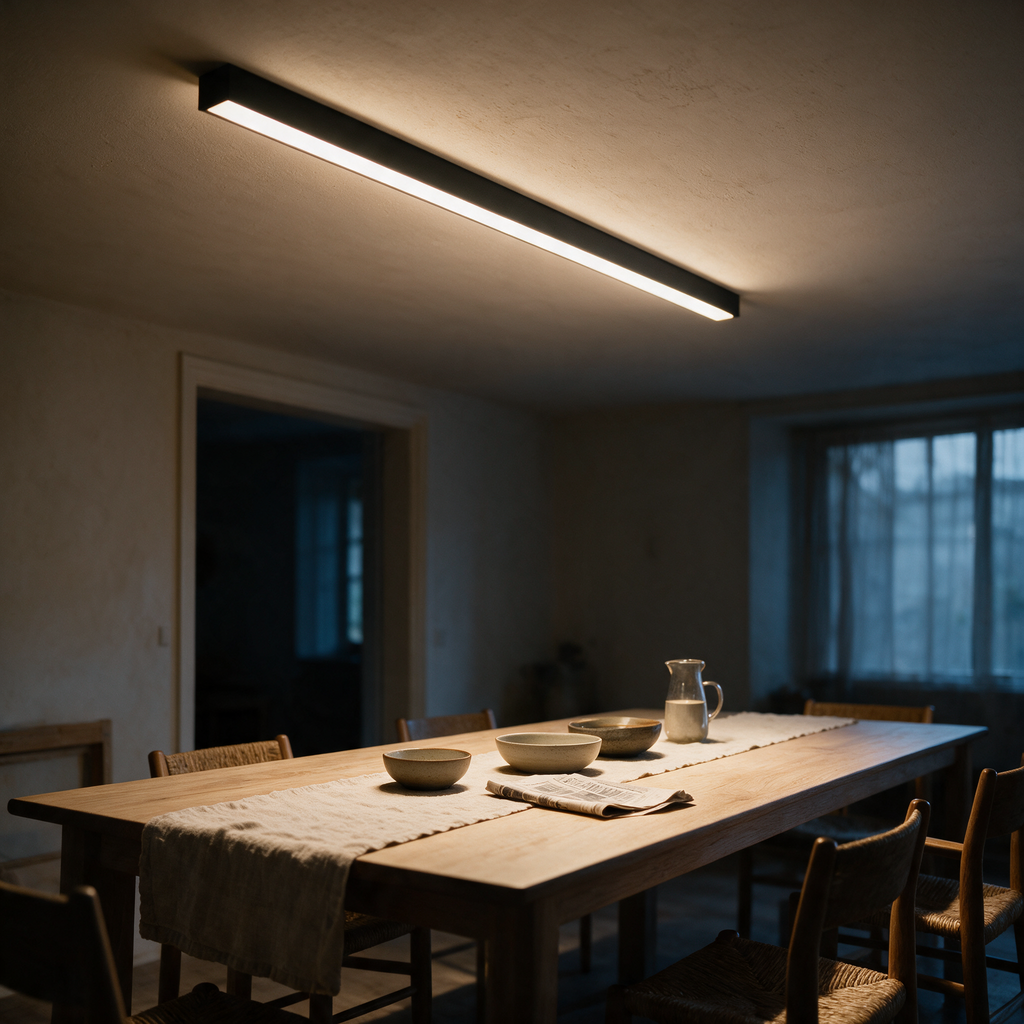 Mistral linear LED bar lit above a long dining table at dusk