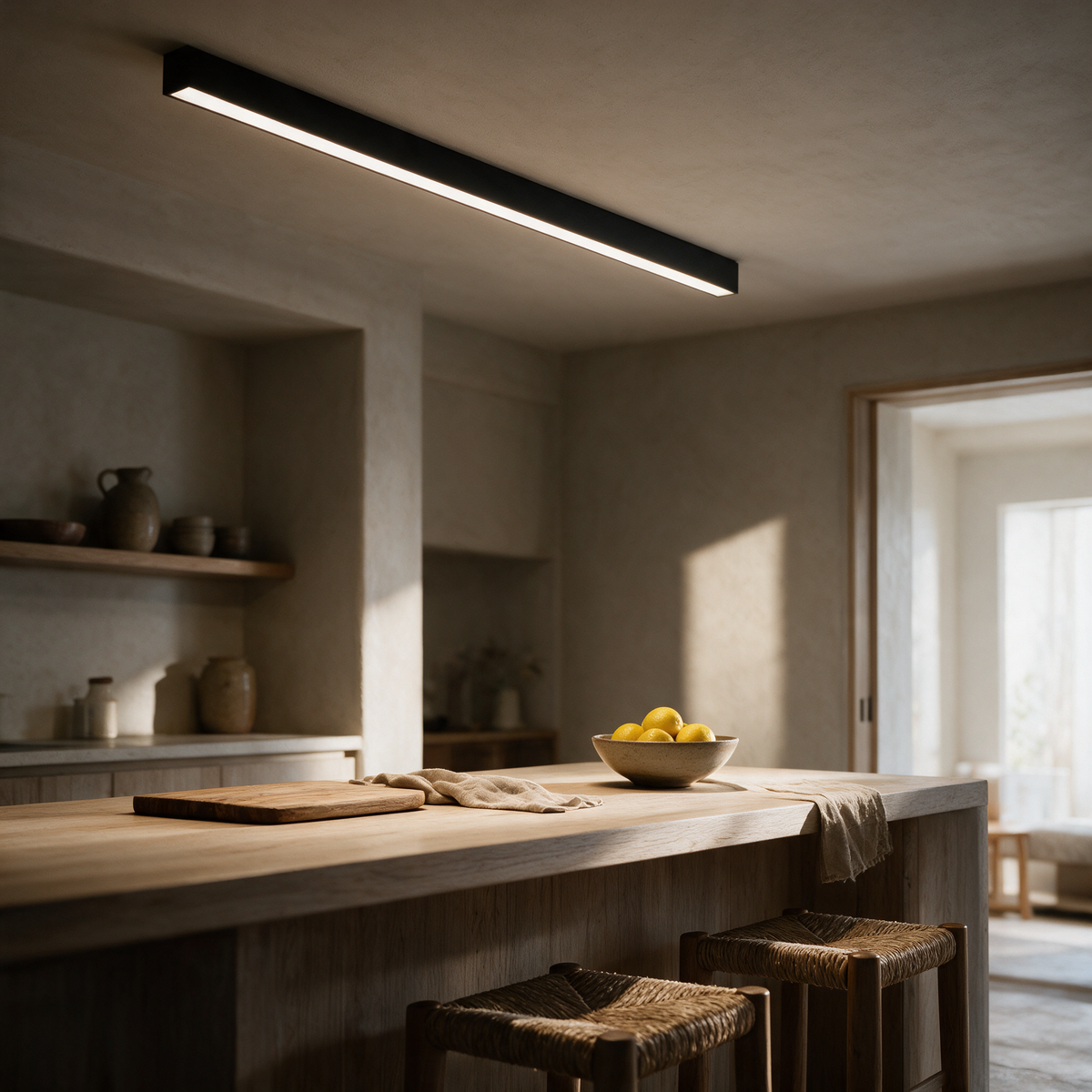 The bar lighting the length of a kitchen island