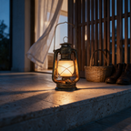 The lantern lit on a terrace step at dusk
