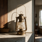 The unlit lantern on a stone ledge showing its handle and vented cap
