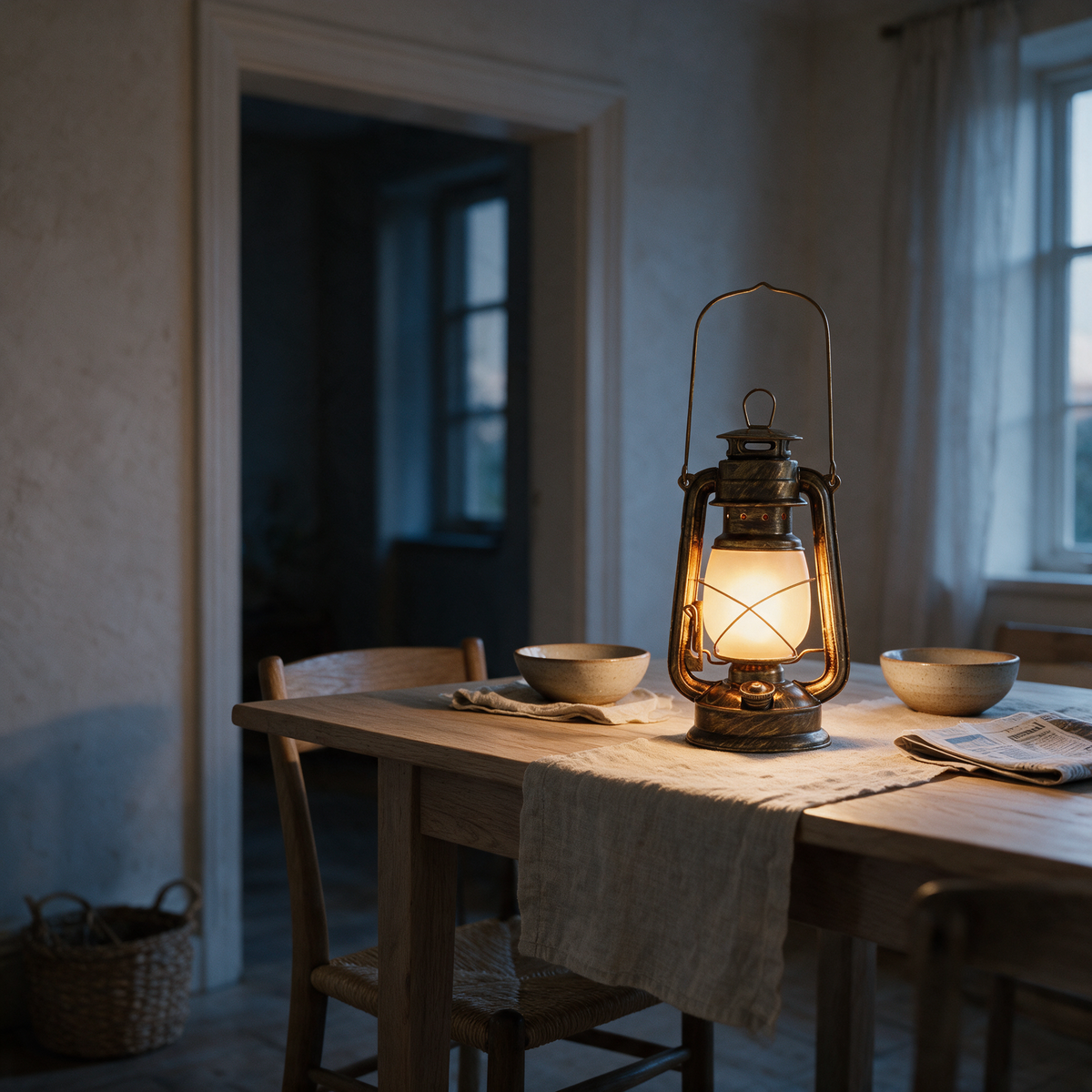 Hollow aged brass lantern lit on a dining table at dusk